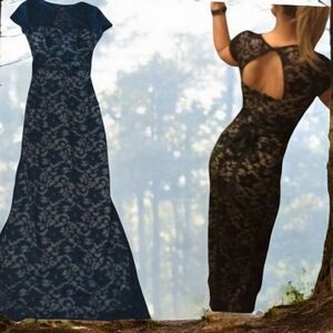 Windsor black stretch lace illusion cap sleeves bodycon belted maxi dress Sz XS